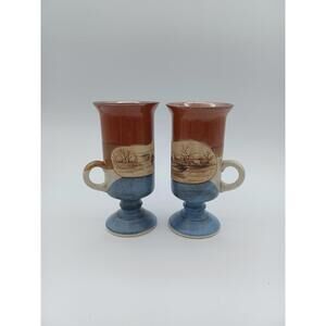 2 Otagiri Stoneware Pedestal Irish Coffee Mugs Ducks on Pond Rustic Pottery